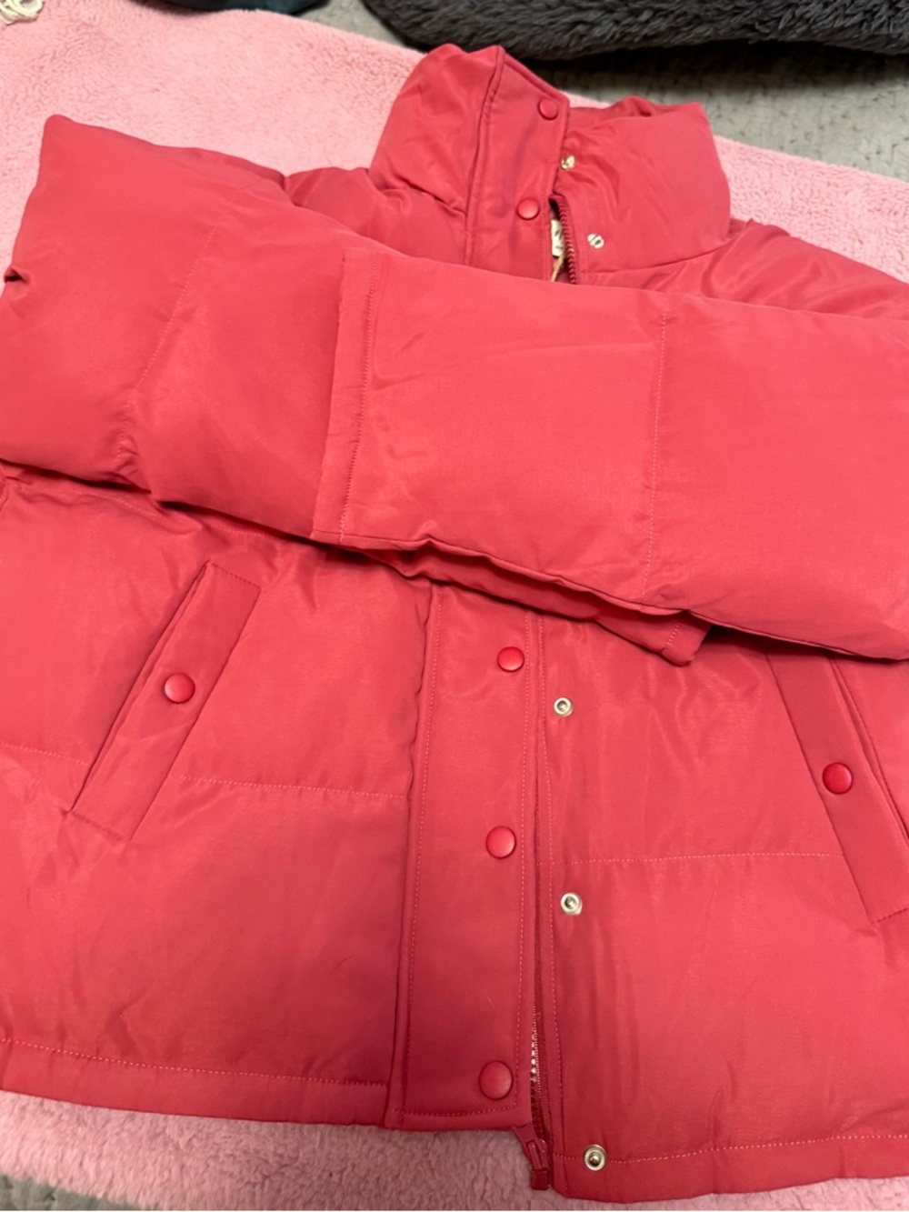 Women’s Red Puffer Jacket with Snap and Zipper Closure